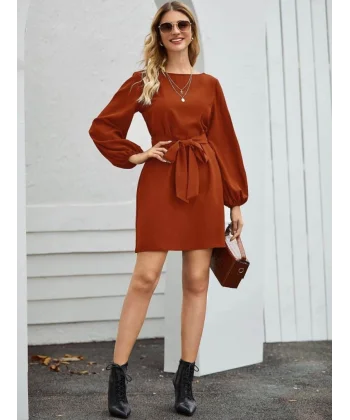 Kadın Uzun Kollu Kayık Yaka Belden Kuşaklı Kısa Ithal Krep Elbise