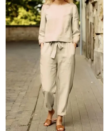 Kadın Uzun Kollu Kayık Yaka Bluz Kuşaklı Havuç Pantolon Aerobin Ikili Takım