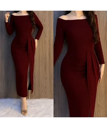 Kadın Uzun Kollu Kayık Yaka Büzgü Ve Maxi Boy Yırtmaç Detay Simli Kadife Kumaş Elbise