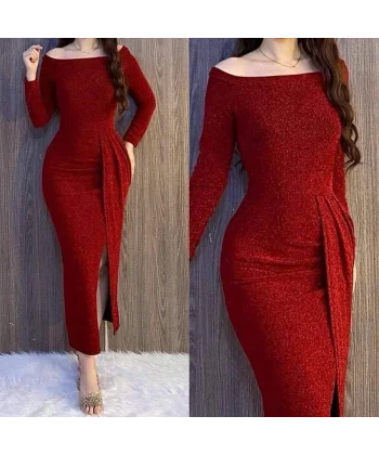 Kadın Uzun Kollu Kayık Yaka Büzgü Ve Maxi Boy Yırtmaç Detay Simli Kadife Kumaş Elbise