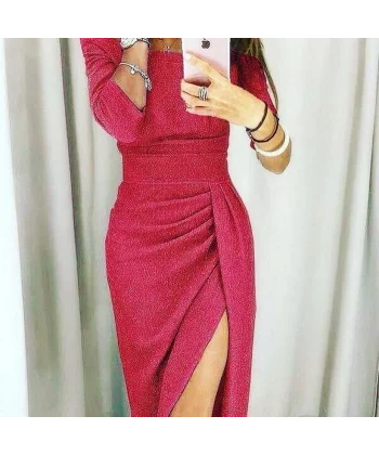 Kadın Uzun Kollu Kayık Yaka Büzgü Ve Maxi Boy Yırtmaç Detay Simli Kadife Kumaş Elbise