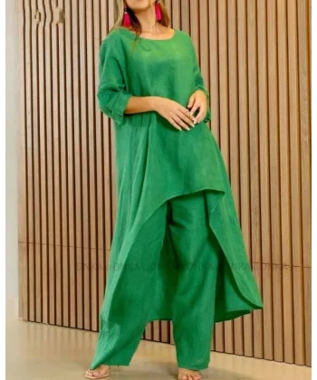 Kadın Uzun Kollu Kayık Yaka Detay Tunik Ve Pantolon Ikili Takım