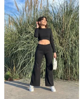 Kadın Uzun Kollu Kayık Yaka Kıza Bluz Ve Bol Paça Pantolon Ikili Takım