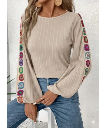 Kadın Uzun Kollu Kayık Yaka şardonlu Kaşkorse Bej Bluz