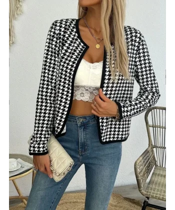 Kadın Uzun Kollu Kaz Ayağı Desenli şardonlu Dalgıç Ceket