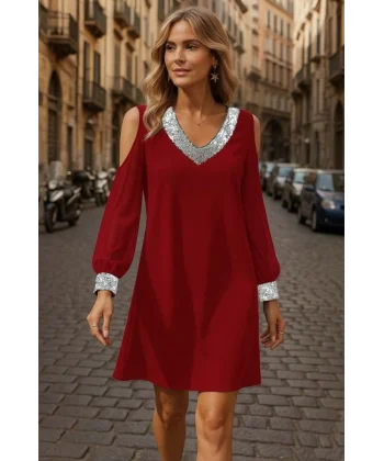 Kadın Uzun Kollu Kollar Tül V Yakalı Mini Janjan Krep Elbise