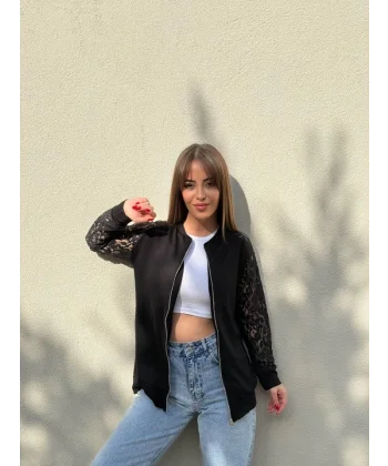 Kadın Uzun Kollu Kolları Dantel Detay önden Fermuarlı Viskon Iki Iplik Ceket