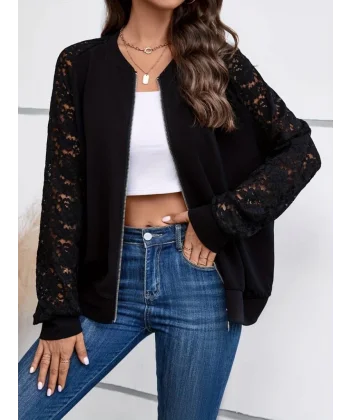 Kadın Uzun Kollu Kolları Dantel Detay önden Fermuarlı Viskon Iki Iplik Ceket