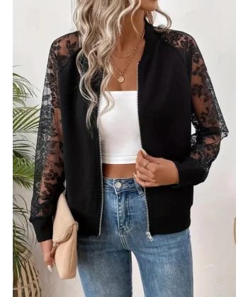Kadın Uzun Kollu Kolları Dantelli önü Fermuarlı Iki Iplik Ceket
