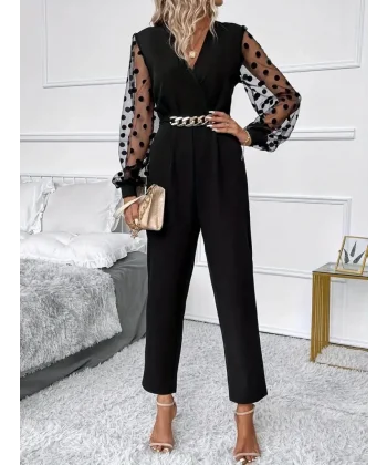 Kadın Uzun Kollu Kolu Tül Detaylı Kruvaze Yaka Krep Tulum