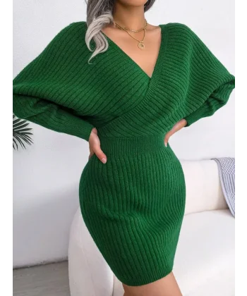 Kadın Uzun Kollu Kruvaze Geniş Yakalı Mini Triko Elbise