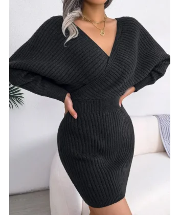 Kadın Uzun Kollu Kruvaze Geniş Yakalı Mini Triko Elbise