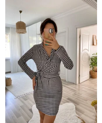 Kadın Uzun Kollu Kruvaze Yaka Bağlamalı Kemer Dalgıç Mini Boy Elbise