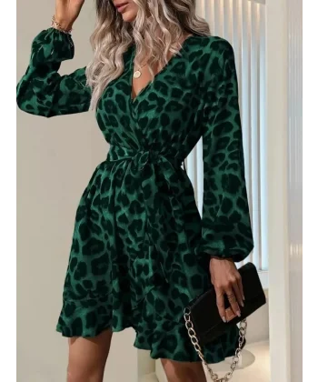 Kadın Uzun Kollu Kruvaze Yaka Beden Kuşaklı çapraz Kesim Detaylı Leopar Modal Mini Elbise