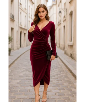 Kadın Uzun Kollu Kruvaze Yaka Belden Büzgü Detay Midi Kadife Elbise