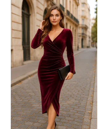 Kadın Uzun Kollu Kruvaze Yaka Belden Büzgü Detay Midi Kadife Elbise