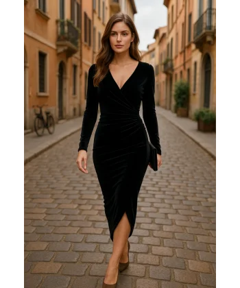 Kadın Uzun Kollu Kruvaze Yaka Belden Büzgü Detay Midi Kadife Elbise