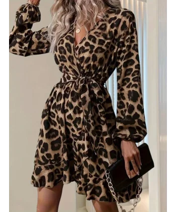 Kadın Uzun Kollu Kruvaze Yaka Belden Kuşaklı çapraz Kesim Detaylı Leopar Modal Mini Elbise