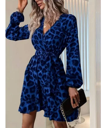 Kadın Uzun Kollu Kruvaze Yaka Belden Kuşaklı çapraz Kesim Detaylı Leopar Modal Mini Elbise
