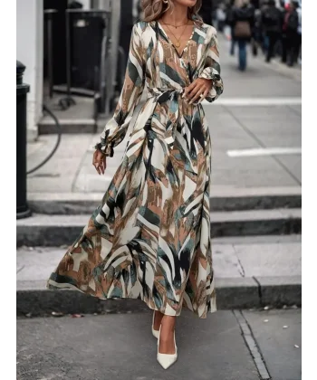 Kadın Uzun Kollu Kruvaze Yaka Belden Kuşaklı Desenli Süprem Elbise