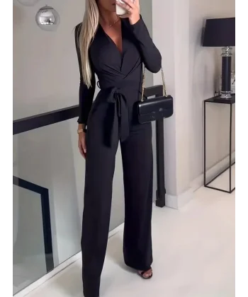 Kadın Uzun Kollu Kruvaze Yaka Belden Kuşaklı Ithal Krep Tulum