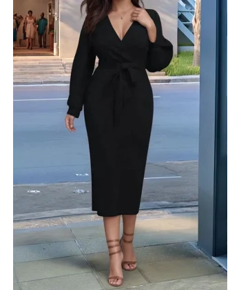 Kadın Uzun Kollu Kruvaze Yaka Belden Kuşaklı Midi Ithal Krep Elbise