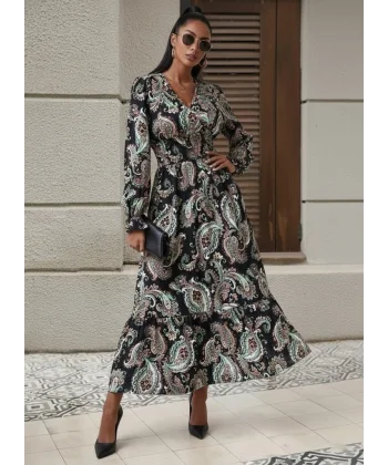 Kadın Uzun Kollu Kruvaze Yaka Beli Lastikli Uzun Desenli Maxi Elbise