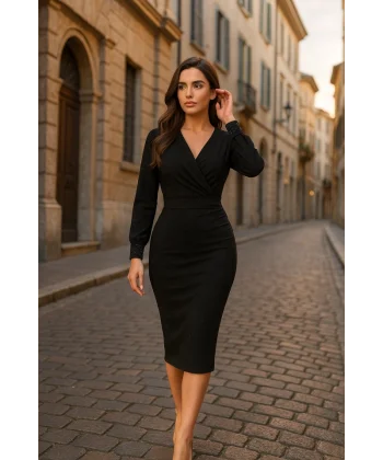 Kadın Uzun Kollu Kruvaze Yaka Büzgü Ve Balon Kol Detay Krep Kumaş Maxi Boy Elbise