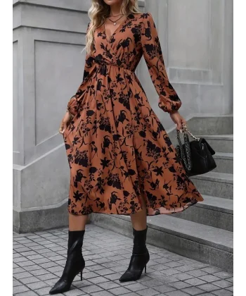 Kadın Uzun Kollu Kruvaze Yaka çiçek Baskılı Yırtmaçlı Midi Süprem Elbise