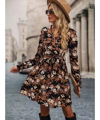 Kadın Uzun Kollu Kruvaze Yaka çiçek Desenli Dalgıç Elbise