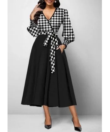 Kadın Uzun Kollu Kruvaze Yaka Dalgıç Krep Midi Boy Elbise