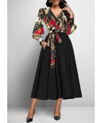 Kadın Uzun Kollu Kruvaze Yaka Dalgıç Krep Midi Boy Elbise