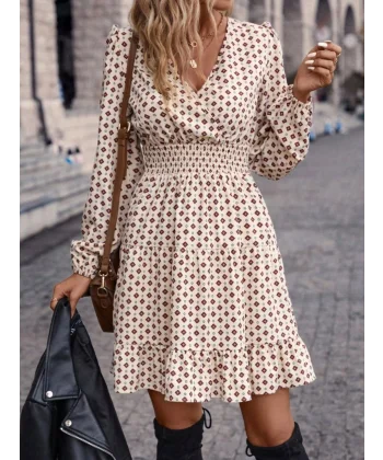 Kadın Uzun Kollu Kruvaze Yaka Desenli Mini Modal Elbise