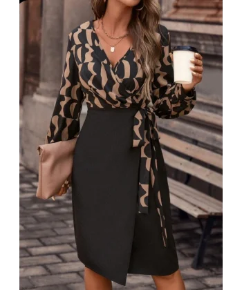 Kadın Uzun Kollu Kruvaze Yaka Dijital Baskılı Fiyonk Detay Atlas Kumaş Elbise