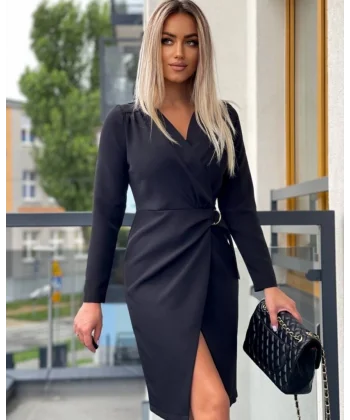 Kadın Uzun Kollu Kruvaze Yaka Etek Kruvaze Kesim Bel Toka Detaylı Krep Elbise