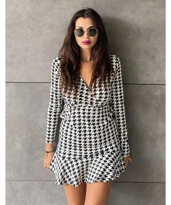 Kadın Uzun Kollu Kruvaze Yaka Kazayağı Mikro Mini Boy Elbise