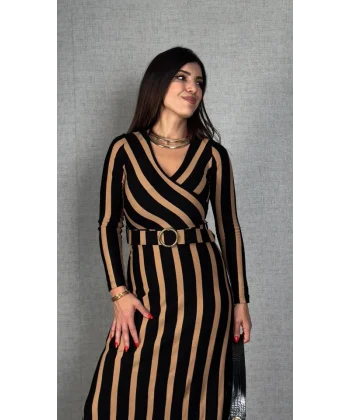 Kadın Uzun Kollu Kruvaze Yaka Kemer Dahil çizgili Triko Elbise