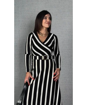 Kadın Uzun Kollu Kruvaze Yaka Kemer Dahil çizgili Triko Elbise