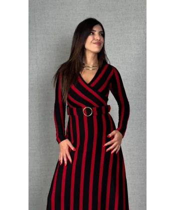 Kadın Uzun Kollu Kruvaze Yaka Kemer Dahil çizgili Triko Elbise