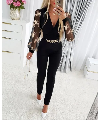 Kadın Uzun Kollu Kruvaze Yaka Kol Tül Detay önü Zincir Aksusuarlı Krep Tulum