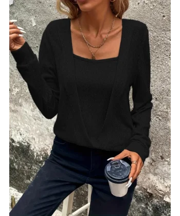 Kadın Uzun Kollu Kruvaze Yaka Kol Ve Etek Ucu Manşet Detay Yumoş Bluz