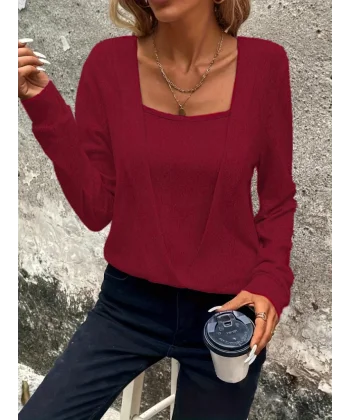 Kadın Uzun Kollu Kruvaze Yaka Kol Ve Etek Ucu Manşet Detay Yumoş Bluz