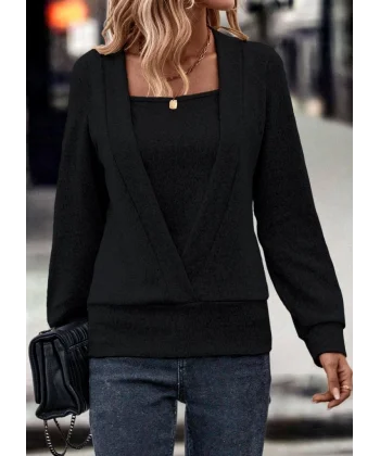 Kadın Uzun Kollu Kruvaze Yaka Kol Ve Etek Ucu Manşet Detay Yumoş Bluz