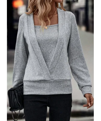 Kadın Uzun Kollu Kruvaze Yaka Kol Ve Etek Ucu Manşet Detay Yumoş Bluz