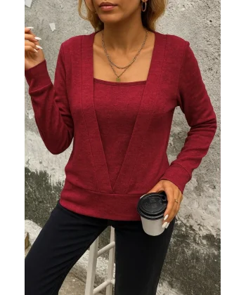 Kadın Uzun Kollu Kruvaze Yaka Kol Ve Etek Ucu Manşet Detay Yumoş Bluz