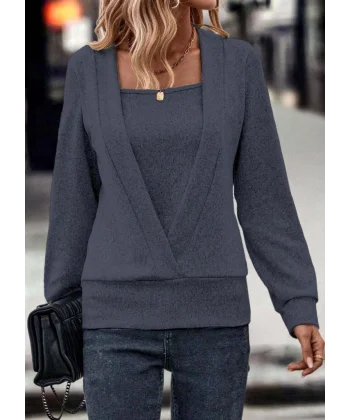 Kadın Uzun Kollu Kruvaze Yaka Kol Ve Etek Ucu Manşet Detay Yumoş Bluz