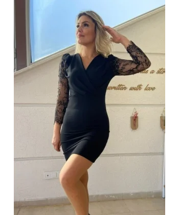 Kadın Uzun Kollu Kruvaze Yaka Kollar Tül Detay Krep Mini Boy Elbise