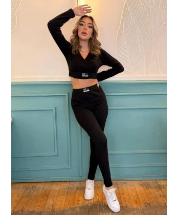 Kadın Uzun Kollu Kruvaze Yaka Krop şardonlu Kaşkorse Bluz Ve Tayt Ikili Takım