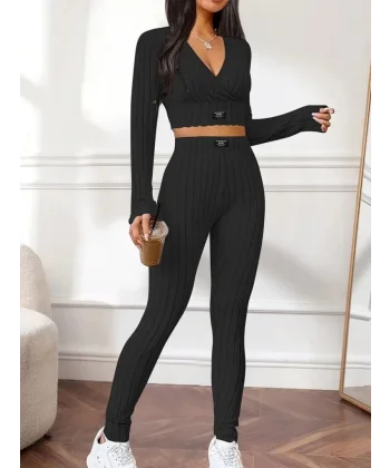 Kadın Uzun Kollu Kruvaze Yaka Krop şardonlu Kaşkorse Bluz Ve Tayt Ikili Takım