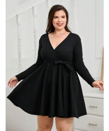 Kadın Uzun Kollu Kruvaze Yaka Kuşak Detay Salaş şardonlu Kaşkorse Mini Elbise